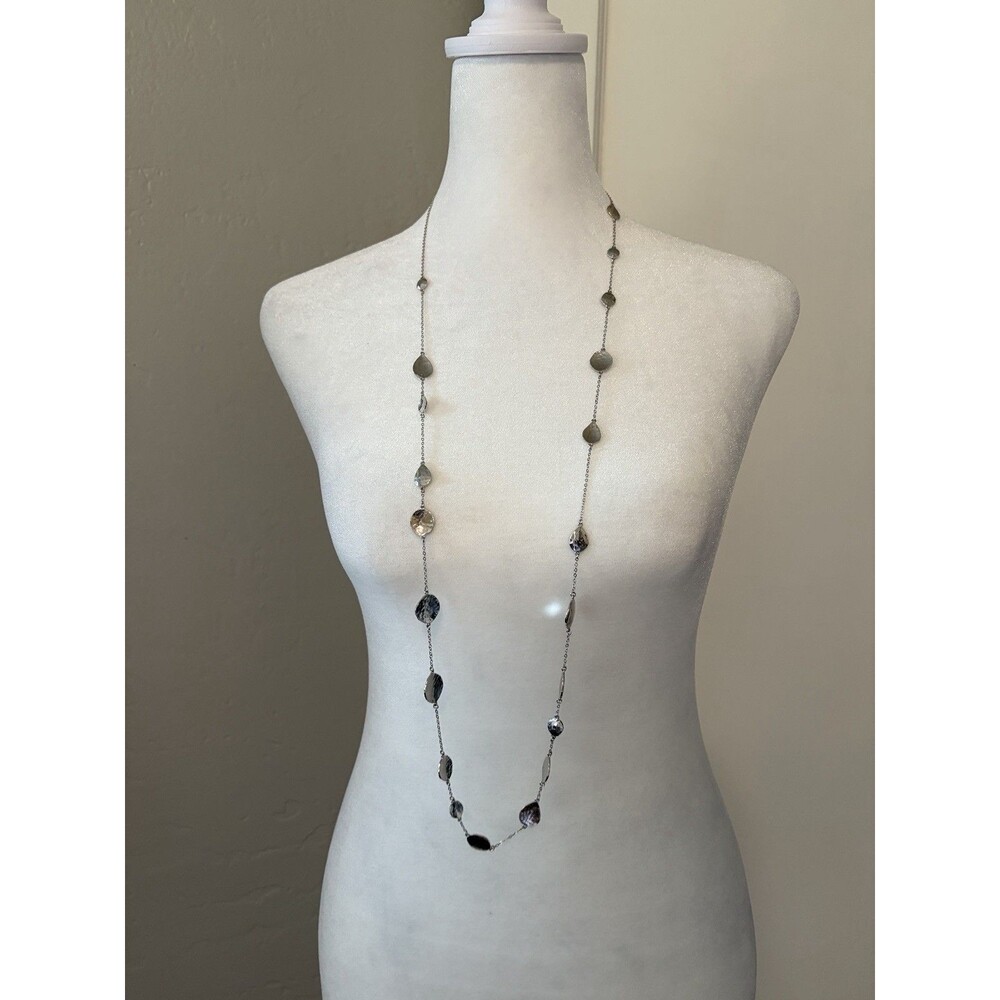 Melinda Maria Long Station Statement Necklace Silver Tone Hammered Sculptural